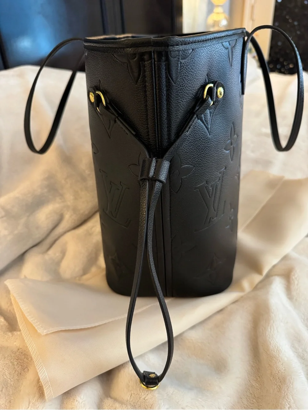 Louis Vuitton-Style Black Empreinte Tote – Royal Blue Interior w/Dust Bag VGUC